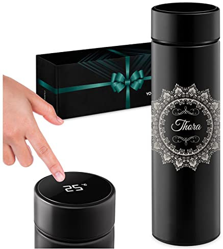 Maverton Thermobecher Kaffeebecher 450 ml - Isolierbecher personalisiert - 100% dicht - Led Temperatur Anzeige - aus Edelstahl - Geschenk für Frauen - schwarz - Arabeske