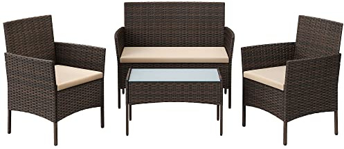 SONGMICS Salon de Jardin Extérieur 4 Place en Résine Tressée PE, pour Patio, Balcon, 1 Table, 2 Fauteuils de Jardin et 1 Banquette Extérieure 2 Places, Marron et Taupe GGF004KZ02