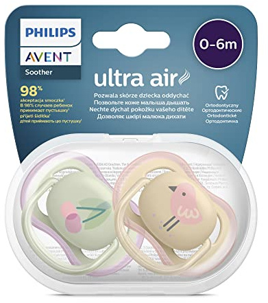 Philips Avent Lot de 2 sucettes Ultra Air sans BPA pour les bébés âgés de 0 à 6 mois, Oiseau/Cerise (modèle SCF085/13)