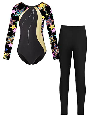 Yeahdor Kinder Mädchen Turnanzug Langarm Gymnastikbody mit Lang Leggings Gymnastikanzug Yoga Laufen Fitness Sport Set Gold 134-140