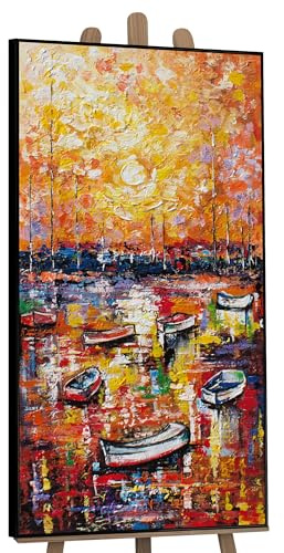 YS-Art Quadri acrilici su tela pronti da appendere Jetty Paesaggio autunnale Dipinta a mano paesaggio autunnale colori vivaci con cornice 120x60 cm