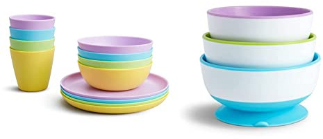 Munchkin 12 Piece Multi Toddler Dining Set, Includes 4 Cups, 4 Bowls, 4 Plates & Stay Put Suction Bowl Set, BPA Free, 3 Pack