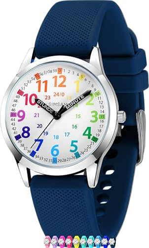 SIMSAM Montre Enfant Garcon, Montre Enfant Fille 4, 5, 6, 7, 8, 9, 10, 11, 12 Ans, Montres Garçons Fille Pédagogique, Analogique - Bleu Marine