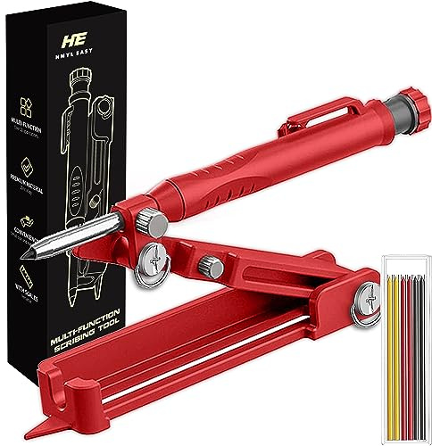 Hmyl Easy Multi-function Scribing Tool, Zinc Alloy Smart Scribe Tool with Solid Carpenter Pencil, DIY Scribe Tool Woodworking, Gauge Scriber Line Maker, Measuring Tool with Scale, Red