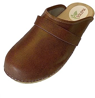 Solema Erik Leather Slip-on Mens Clogs Mules Slippers Sabot Shoes, Dark Cognac, EU 45, UK 10.5