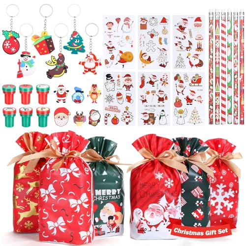 GWHOLE Gadget Natale Bambini 36 pz Gadget Natalizi per Bambini Giocattoli per Feste di Natale con Adesivi Luminosi per Tatuaggi, Matite, Timbri, Anelli, Portachiavi, Sacchetti Regalo