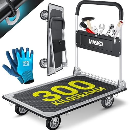 MASKO® Carro de Plataforma, Carro de Almacenamiento, Incl. Guantes de Trabajo, Freno de Bloqueo, con 6 argollas de Seguridad, Ruedas giratorias 360°, Plegable, Capacidad de Carga - 300kg / Negro