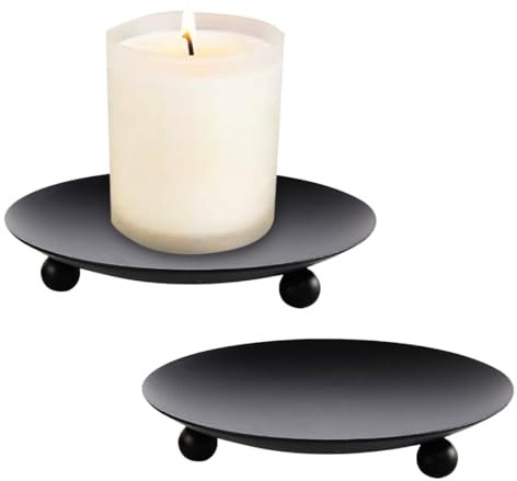 VIVIIHOO Portacandele in metallo nero con 2 piatti candela, portacandele per candele a pilastro, design elegante per decorazione da tavolo e cena a candela