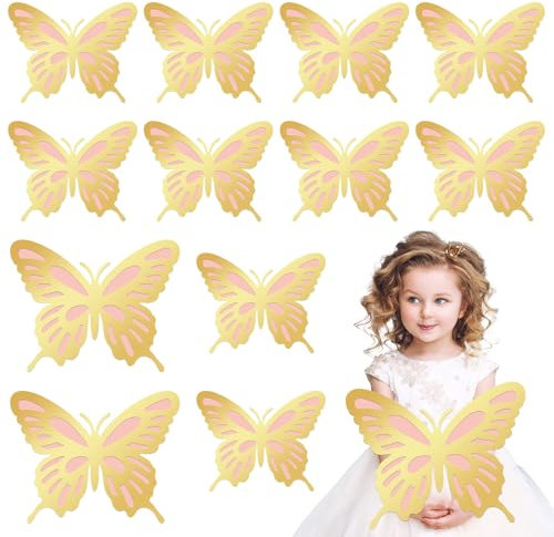JSRQT 12 Pezzi 3D Grandi Farfalle Decorazioni, Set di Adesivi Murali Farfalla di Carta Autoadesiva a 2 Strati, Grandi Farfalla Decorazioni per per Feste Matrimoni Compleanni Baby Shower(Rosa Dorato)