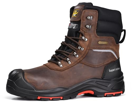 SAFETOE Bottes de sécurité imperméables en cuir de vache pour hommes, Bottes de travail à bout composite de 8 pouces, Bottes d'hiver pour la neige S7S ESD, marron, 41 EU