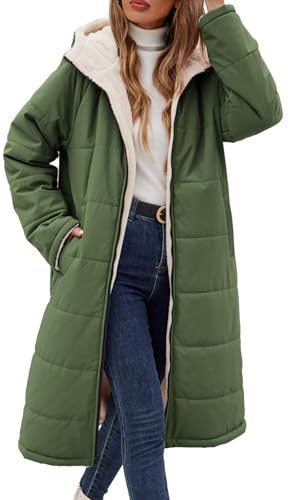 Tuopuda Cappotto Giubbotto Donna Invernale Giacca Cappotti Imbottita Caldo Parka Reversibile Sherpa Fleece Felpa con Cappuccio Giacche Trapuntato Lugghezza Giaccone Outdoor, verde militare, L