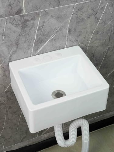 XRB2050 Lavabo de Pared de Resina, 33.5x29x13cm/13x11.4x5inch Lavabo de Baño Tamaño Pequeño, Cuadrado Lavabo con kit de Desagüepara Aseo de Invitados Lavadero Garaje Blanco 150cm Desagüe