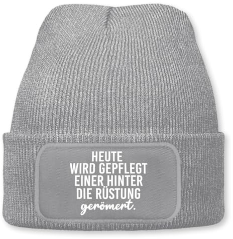 Prozente Momente Hinter die Rüstung gerömert - Beanie | Strickmütze | Wollmütze | Beanie mit Druck | lustige Sprüche | Apres-Ski | Winter | Grau meliert