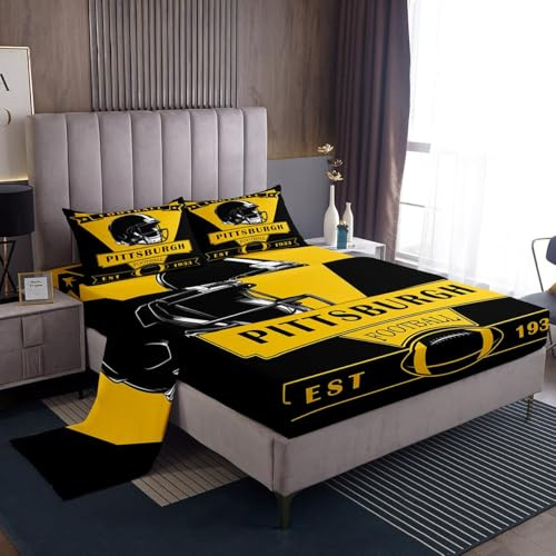 jejeloiu Football Sheets,Pittsburgh Bedding Set Full Size,American Football City Bed Sheets,Football Fans Gifts Sheets Set,1 Fitted Sheet+2 Pillow Sham+1 Flat Sheet