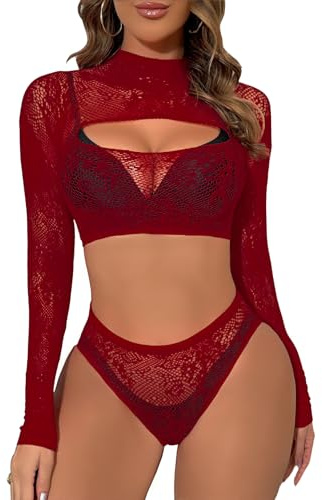 Buitifo Ensemble de Lingerie Femme Nuisette Sexy Fishnet Babydoll Bodysuit(Rouge foncé,Taille Unique)