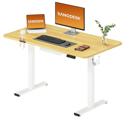 SANODESK Electric Standing Desk ONE PIECE 120 * 60 Height Adjustable Desk With Memory Smart Panel Sit Stand Table With Hooks and Cable Grommets for Home Office (White Frame+Maple Desktop)