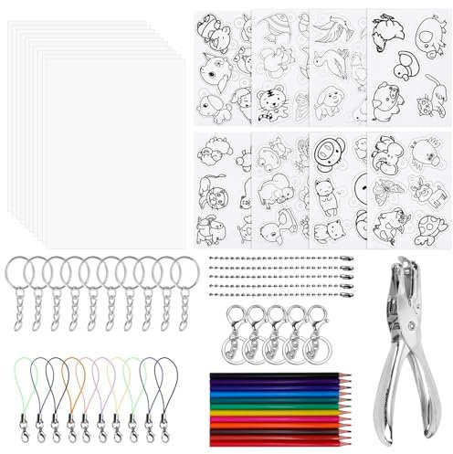 Fjquamitix 66 Stück Schrumpffolien-Set, Schrumpffolie zum Basteln mit 10 Blanko-Schrumpffolie, Schlüsselanhänger-Zubehör, Buntstifte, Locher, Schrumpffolien-Set für Kinder, DIY Handwerk Dekorationen