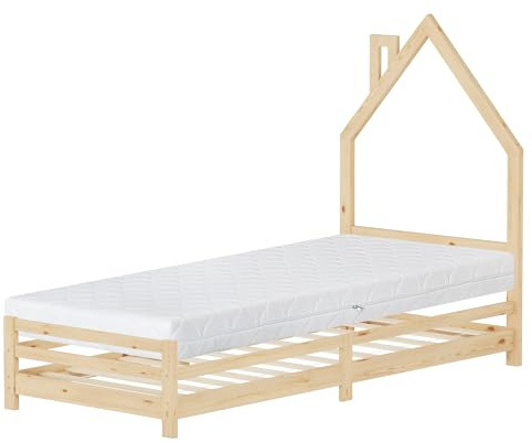 ML-Design Barnsäng i Husform 90x200 cm Natur med Madrass H:16 cm Träbädd med Lamellbotten Skorstensdesign Juniorsäng av Massiv Furu Sängram för Pojkar Flickor Barnrum Säng för Ungdom Sovplats Lekbädd