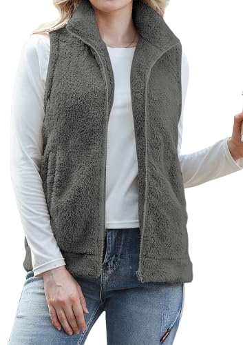 Rave on Friday Gilet polaire Teddy pour femme, col montant, sans manches, zippé, léger et confortable, vêtement d'hiver duveteux avec poches, gris, taille M