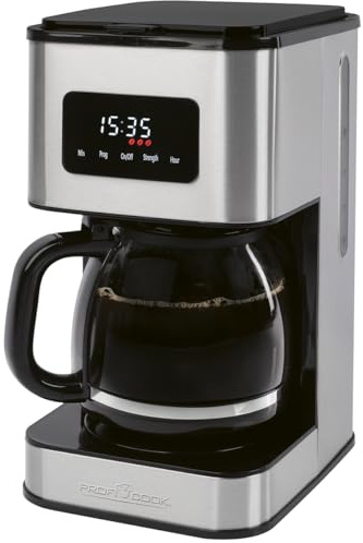 ProfiCook® Filterkaffeemaschine mit Glas-Kanne | für bis zu 14 Tassen Kaffee | Aromawahl | Tropfstopp | mit Uhrzeit-Anzeige | Kaffeemaschine mit Edelstahlgehäuse | 900W | Coffee Machine PC KA 1299