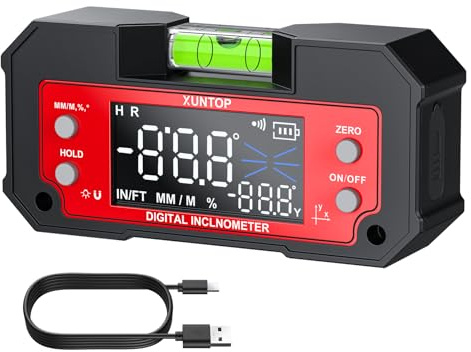 XUNTOP Inclinometro Digitale a Doppio Asse con Display LED 0.1°, Misura Asse X 4×90°±0.2° e Asse Y ±60°±0.3°, Base Magnetica Doppia, Ricarica Tipo-C, Bolla Livella Integrata, per Lavorazione Legno