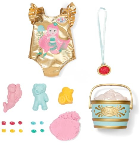 BABY born Set Surprise Plage avec Maillot Motif sirène, moules à Sable, Sable modelable, Seau et 5 Surprises pour poupées 43 cm