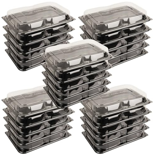 delisupplies 25 x Ultimate Large Sandwich Platter with Lid, Unique Press Stud Secure Closing, Rectangle Food, Cake, Tray Set Black Base Clear Lid Serving Platters for Buffet, Catering, 460 x 310mm