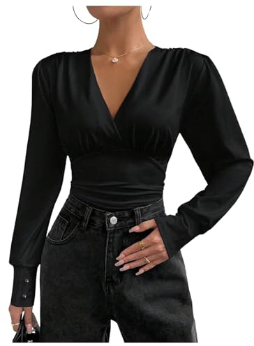 Milumia Women's Wrap V Neck High Waist Bodysuit Ruched Long Puff Sleeve Leotard Jumpsuit Romper Tops Black Large