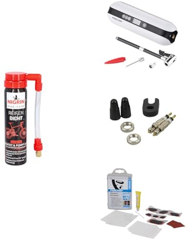 Bundle NIGRIN Reifen-Dicht mit FISCHER Akkukompressor Ventil Set und Flickbox