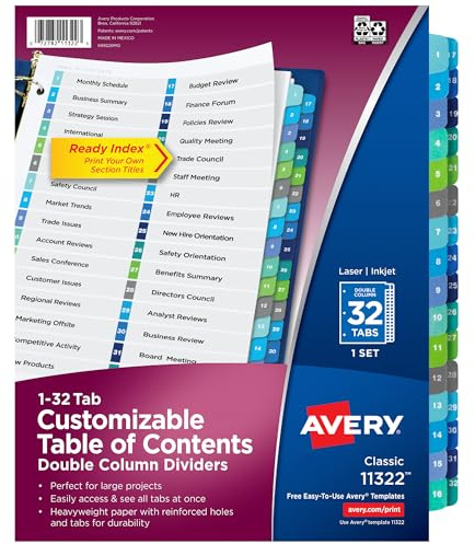 Avery Double Column 32 Tab Dividers for 3 Ring Binders, Customizable Table of Contents, Multicolor Tabs, 1 Set (11322)