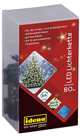 Idena 30438 - LED Lichterkette mit 80 LED in warmweiß, 8 Lichtfunktionen, 6 Stunden Timer Funktion, batteriebetrieben, ca. 6,5 m lang, Innen- und Außenbereich, für Partys, Weihnachten, Deko