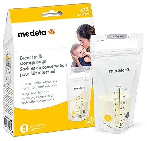 Medela Sacchetti per la conservazione del latte materno, pronte all'uso, per allattamento, con profilo piatto salvaspazio, 25 pezzi (confezione da 1)