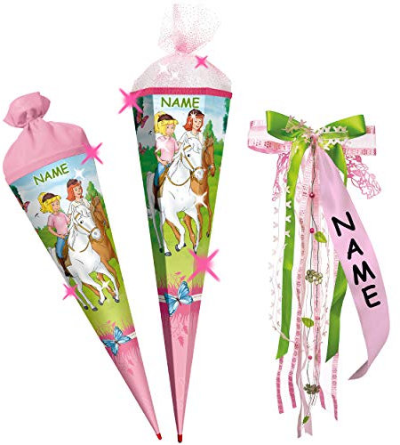 alles-meine.de GmbH mit 3D Effekt - Glitzer ! Schultüte - Bibi Blocksberg & Tina - Pferde - 22-85 cm - Größe wählbar - mit Holzspitze - 6 eckig - incl. Name und individuell..