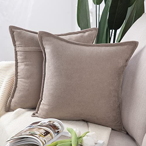 MADIZZ 2er Set kurzen Chenille Zierkissenbezüge weicher dekorativer Kissenbezug für Sofa, Schlafzimmer Kissenhülle Helltaupe 40x40 cm Quadrat