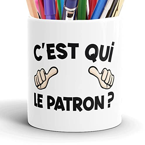 Pot à Crayons Humour C’est qui le Patron Idée Cadeau Original Message Drôle Stylo pour Collègue Ami Homme Femme Copain Mari Travail Fournitures. Noël Anniversaire Fête. Souriez au Bureau
