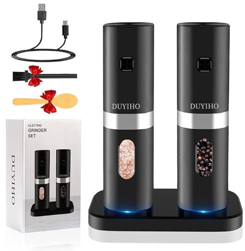 Ensemble moulin à sel et poivre électrique rechargeable avec double base de charge, support à piles, moulin à épices automatique rechargeable avec mouture réglable et lumière LED