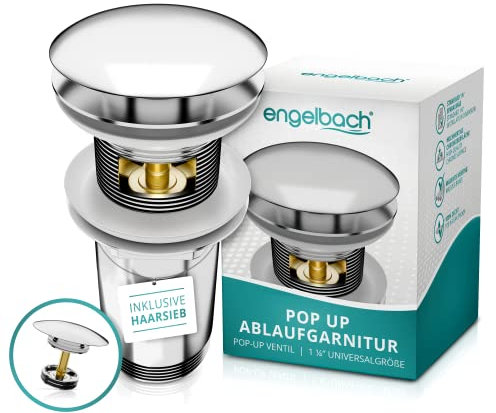 Engelbach® Universal Waschbecken Ablaufgarnitur - Pop up Ablaufventil mit und ohne Überlauf (Auch für Waschtische) Herausziehbarer Stöpsel mit Haarsieb - inklusive Einbauanleitung