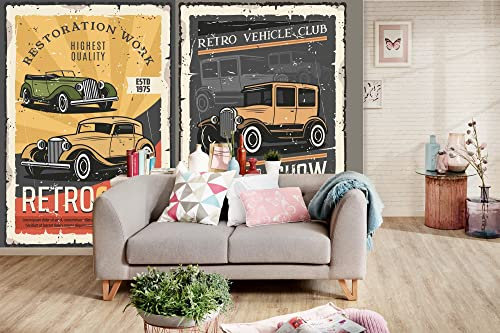 DIMEX LINE Non-Woven Photo Wallpaper Vintage CAR Posters 375 x 250 cm - Non-Woven Wallpaper, wall Mural, wall Pictures - Wallpaper for Living Room, Bedroom, Office, Kitchen