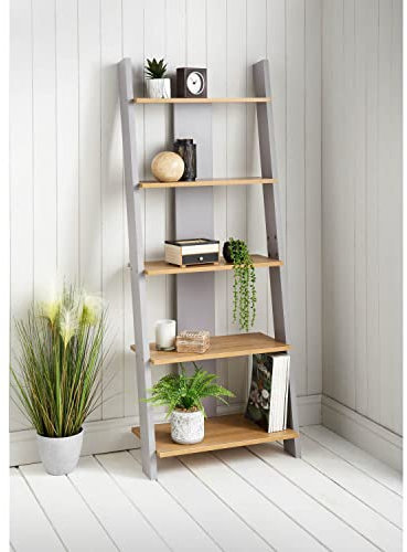 Ladder Shelf - Oak & Grey - Organiser Rack Bookcase & Decor Stand - Bathroom and Living Room Storage Ladder Shelfs Display Unit - Add Some Stylish Decorative storing To Your Home - Assembly Required
