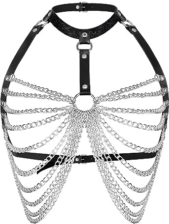 Women Punk Faux Leather Chest Chain Black Layered Bra Chains Multilayered Harness Body Chains Night Club Collar Body Jewelry Accessories (Pu Leather Chest Chain with metal)