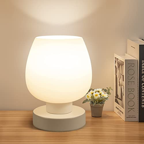 ONEWISH Modern Small Table Lamp - White Opal Glass Shade, Warm LED Bulb, 3-Way Dimmable, Touch Control, Indoor Use Only