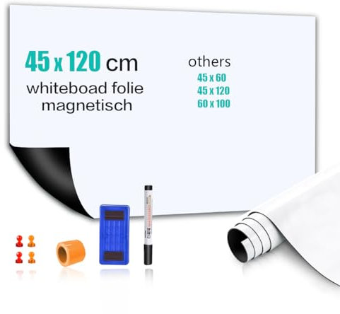 Whiteboard Folie, 45x120cm Magnetisch Selbstklebend Weißwandtafel Folie, Whiteboard Sticker DIY, Inklusive Marker und Schwamm, Wandfolie für glatten Oberflächen in Schule Büro Haus