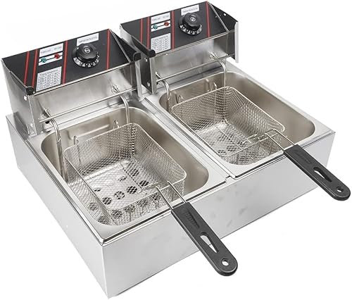 Friggitrice elettrica da 12 l, in acciaio inox, doppia friggitrice con zone fredde, 5000 W, con cestello per ristoranti rapidi, snack bar