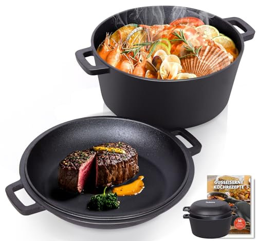 Todeco 2 in 1 Pentola in ghisa con coperchio per padella, 5L Casseruola in Ghisa Doppia con Ricettario, adatta a tutti i piani cottura, Forno Olandese per Campeggio, cucinare, BBQ