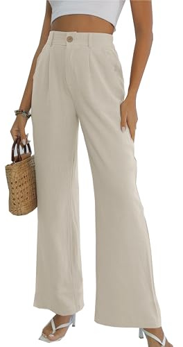 Fakanhui Pantalones de algodón y lino para mujer, de pierna ancha, cintura alta elástica, pantalones casuales de negocios y trabajo