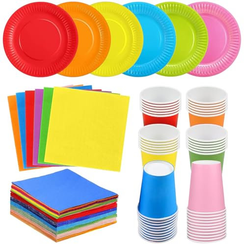 Juego de 90 vajilla colorida para fiesta de arco iris, platos de papel, vasos, servilletas, platos de cena multicolor, servilletas de cóctel de almuerzo, tazas de 250 ml para bricolaje, cumpleaños