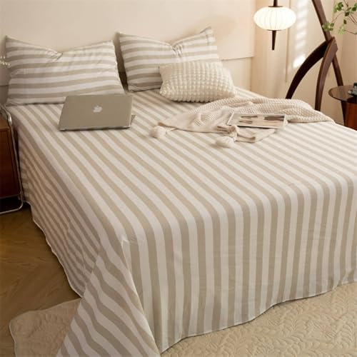 Mesnt Bettlaken ohne Gummizug, 1.2m-160 x 230cm Chemiefaser Streifen-Muster Betttuch Weich und Knitterfrei, Helles Khaki