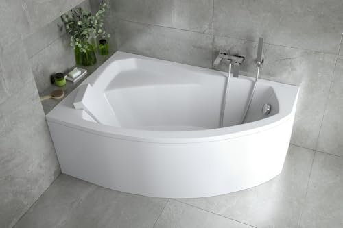 ECOLAM Baignoire d'angle Rima 130x85 cm gauche | tablier acrylique | Appuie-tête | pieds siphon + silicone | Set complet