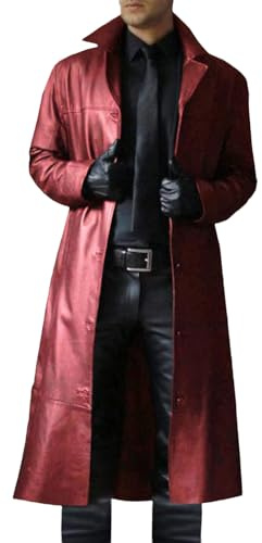 Men's Trench Coat, Solid Color Pu Leather Full Length Windbreaker Gothic Faux Leather Steampunk Overcoat Casual Outwear Lapel Windproof Motorcycle Button Up Long Trench Coat for Winter