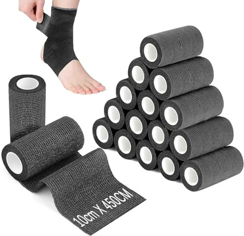 Ziamzra 12 Rollen Selbstklebender Verband 10 cm Breit Selbsthaftende Bandage 4,5 m Verband Schwarz Haftbandage Selbstklebend zum Sport Fixierbinde Selbsthaftend für Handgelenk Finger Knöchel